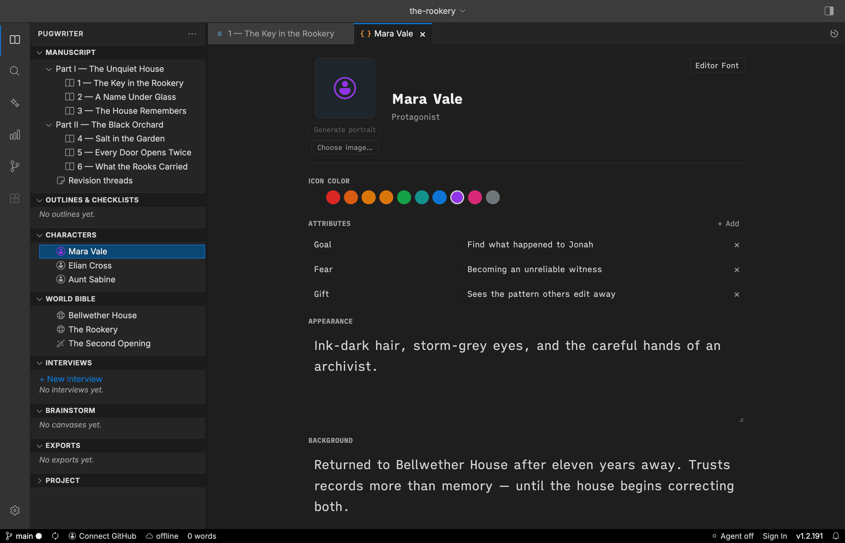 PugWriter character workshop showing goals, fears, appearance, and background