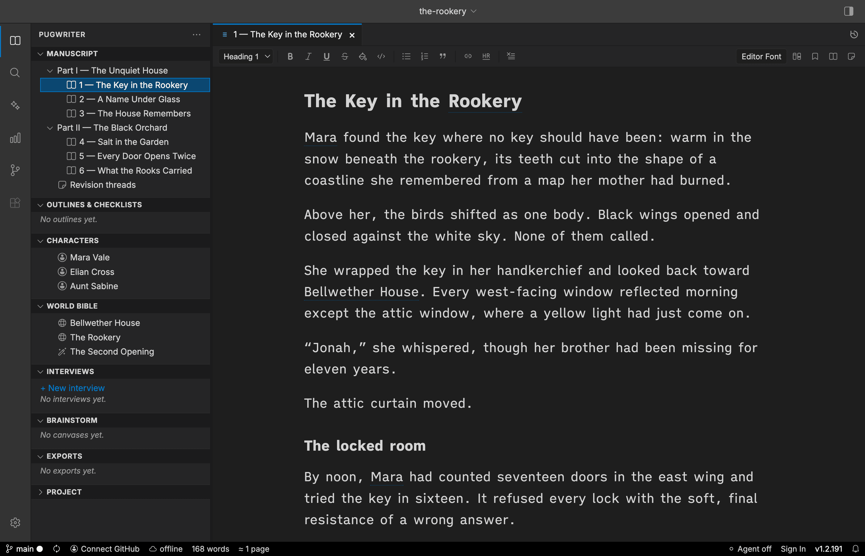 The PugWriter desktop app showing an organized manuscript, characters, world bible, and chapter editor